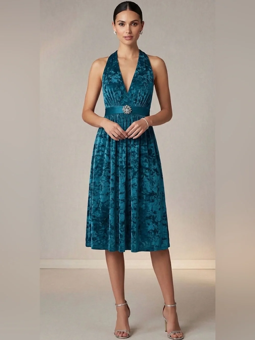 Heart Moon Star Y2K pleated halter dress teal crushed velvet brooch waist M